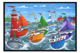 Gerahmter Kunstdruck Bunte Regatta mit Leuchtturm