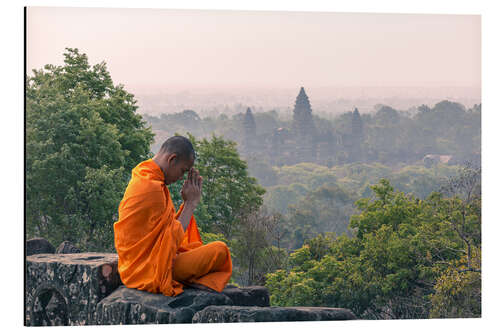 Aluminium print Monk meditating at Angkor Wat