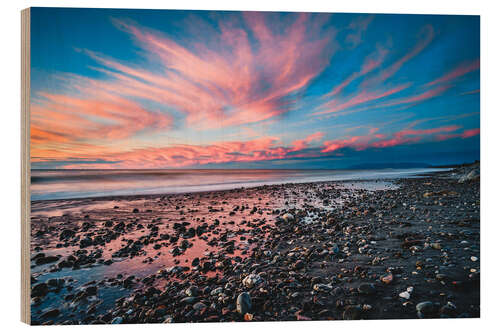 Wood print Spectacular sunset on a black sandy beach