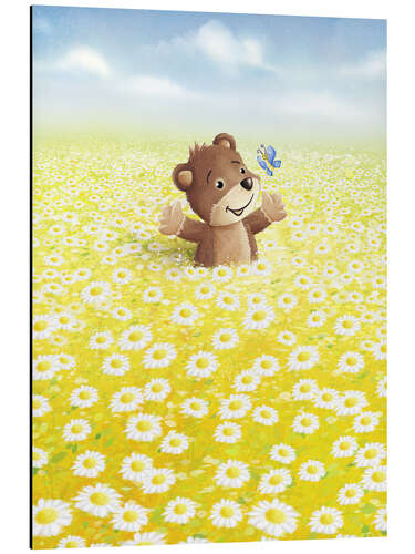 Aluminium print Cute bear and butterfly on a flower meadow