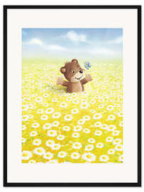 Gerahmter Kunstdruck Bärchen und Schmetterling auf einer Blumenwiese