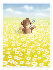 Wall print  Cute bear and butterfly on a flower meadow - Stefan Lohr