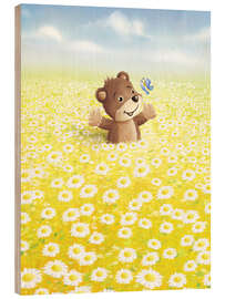 Wood print Cute bear and butterfly on a flower meadow