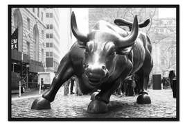 Gerahmter Kunstdruck Börsen-Bulle in Lower Manhattan, schwarzweiß