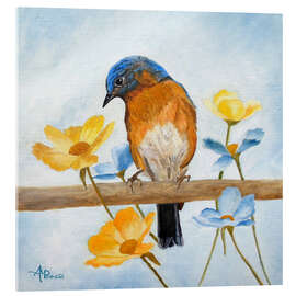 Acrylglasbild Vogel mit Frühlingsblumen