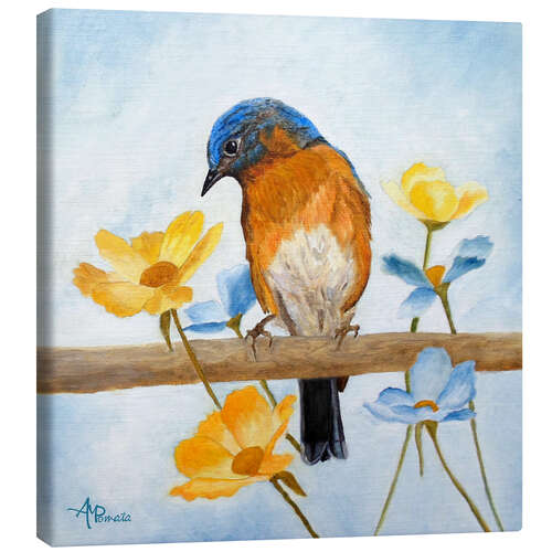 Tableau sur toile Oiseau avec des fleurs printanières