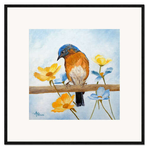 Ingelijste kunstdruk Bird with spring flowers