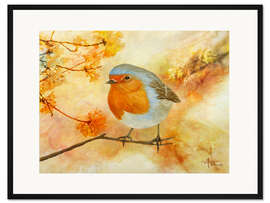 Gerahmter Kunstdruck Rotkehlchen unter Blumen