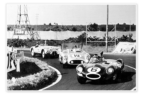 Póster Hawthorn leads Fangio and Pollet in the 1955 Le Mans 24 hour race
