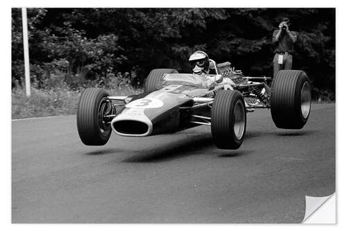 Selvklebende plakat Jim Clark takes off in the Lotus 49 Ford, Nürburgring 1967