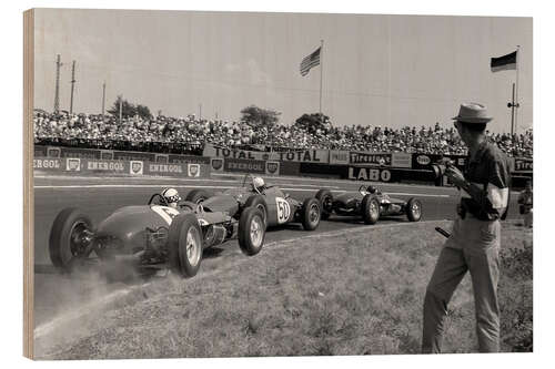 Hout print Jim Clark leads Giancarlo Baghetti and Innes Ireland, French GP 1961