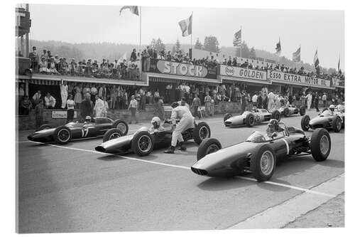 Acrylglasbild Graham Hill, Bruce McLaren und Trevor Taylor am Start, 1962