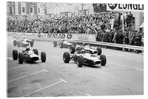 Acrylglasbild Jack Brabham, Lorenzo Bandini und Jackie Stewart, Monaco 1965