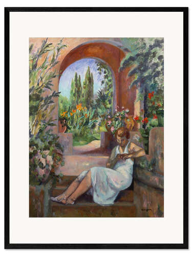 Impresión de arte enmarcada Mujer joven, delante de, un, arco redondo