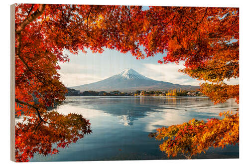 Wood print Mount Fuji Behind Lake Kawaguchiko IV