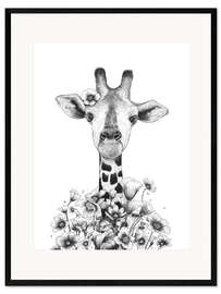 Impression artistique encadrée Girafe avec des fleurs