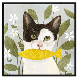 Gerahmter Kunstdruck Hübsche Katze mit Fisch