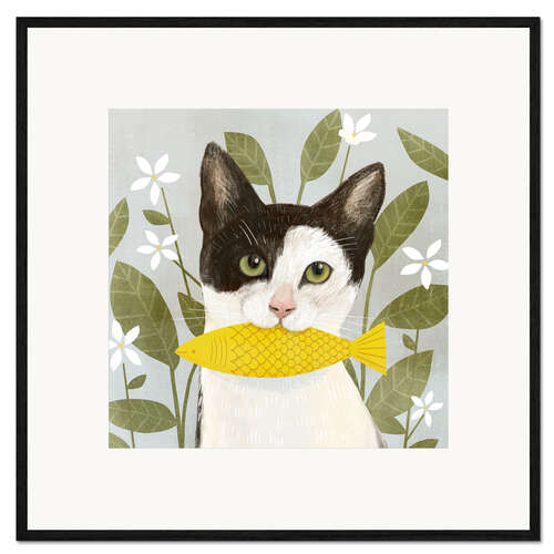 Impresión de arte enmarcada Bonito gato con pescado