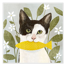 Poster Pretty cat with fish