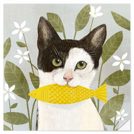 Selvklebende plakat Pretty cat with fish