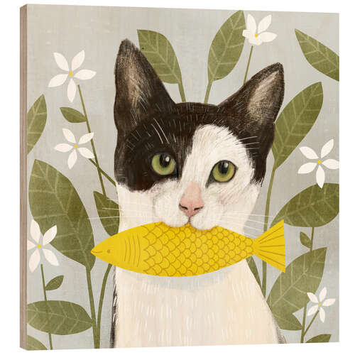 Puutaulu Pretty cat with fish