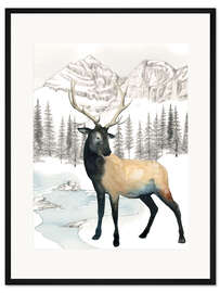 Gerahmter Kunstdruck Hirsch in Winterlandschaft