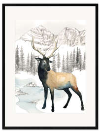 Ingelijste kunstdruk Deer in winter landscape