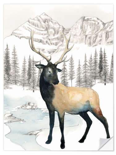 Selvklebende plakat Deer in winter landscape