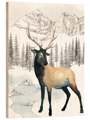 Wood print Deer in winter landscape