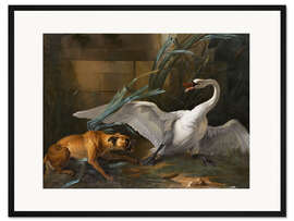 Gerahmter Kunstdruck Schwan wird von einem Hund angegriffen