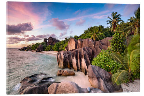 Acrylic print Sunset on the beach Anse Source d 'Argent