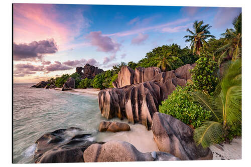 Aluminium print Sunset on the beach Anse Source d 'Argent