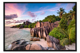 Gerahmter Kunstdruck Sonnenuntergang am Anse Source d 'Argent