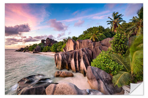 Sticker mural Coucher de soleil sur la plage d’Anse Source d’Argent