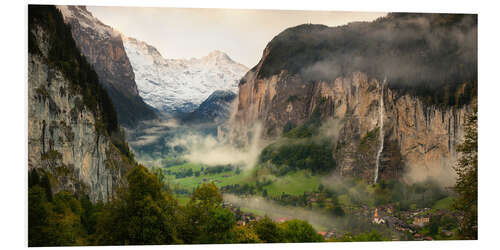 Foam board print Lauterbrunnen Valley and Staubbach Falls in the morning mist