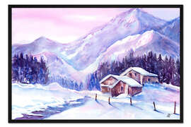 Gerahmter Kunstdruck Almhütten im Schnee