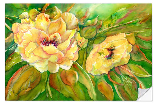 Selvklebende plakat Yellow peonies in the summer garden