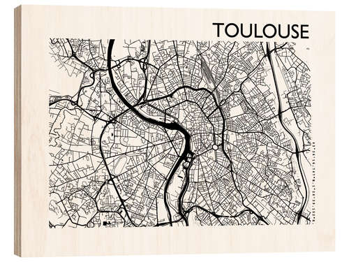 Wood print City map of Toulouse