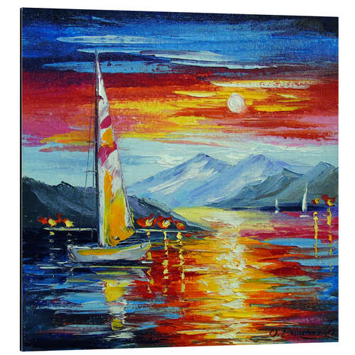 Tableau en aluminium Coucher de soleil sur la mer et les montagnes