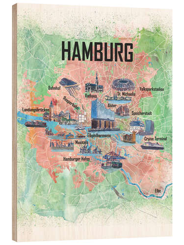 Tableau en bois Plan de Hambourg (allemand)