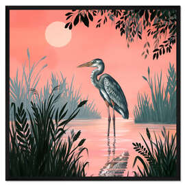 Gerahmter Kunstdruck Kranich im Abendrot