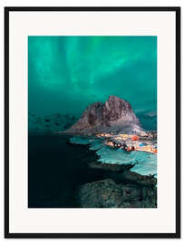 Gerahmter Kunstdruck Aurora borealis über Reine auf den Lofoten, Norwegen