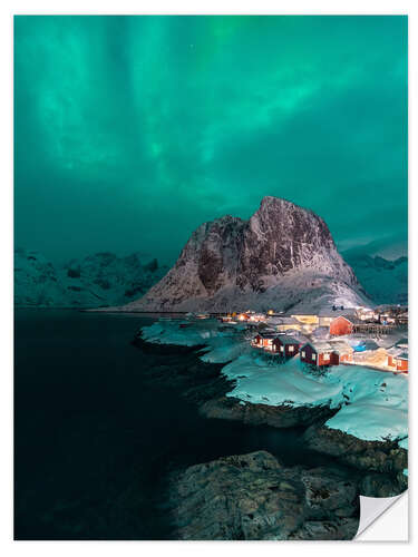 Vinilo para la pared Aurora boreal sobre Reine en el Lofoten, Noruega