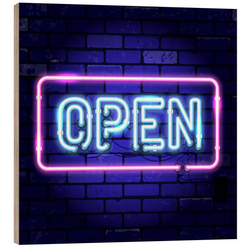 Print på træ Open - neon sign
