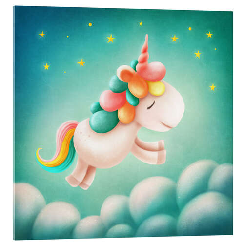 Acrylic print Unicorn jumps above clouds