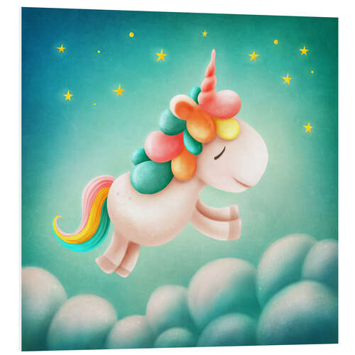 Print på skumplade Unicorn jumps above clouds