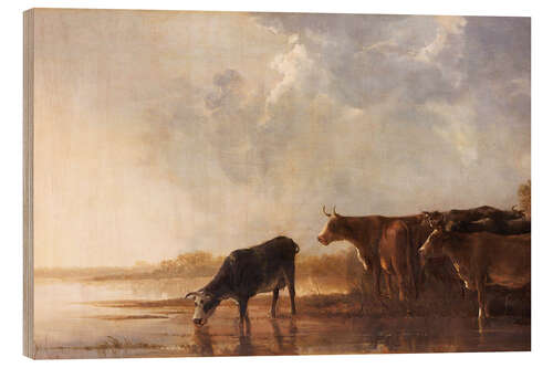 Hout print River landscape with cows