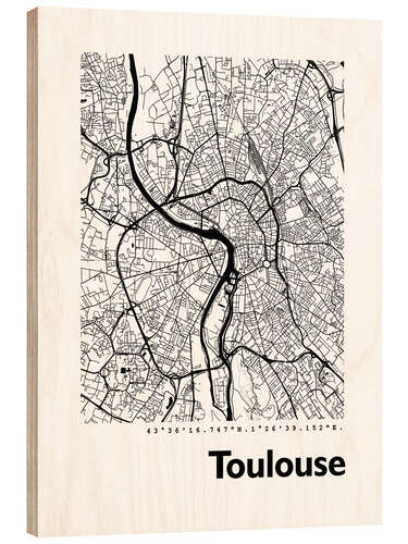 Wood print Map of Toulouse