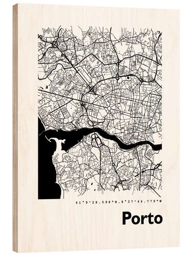 Wood print City map of Porto