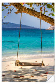 Selvklebende plakat Wooden swing on the sandy beach